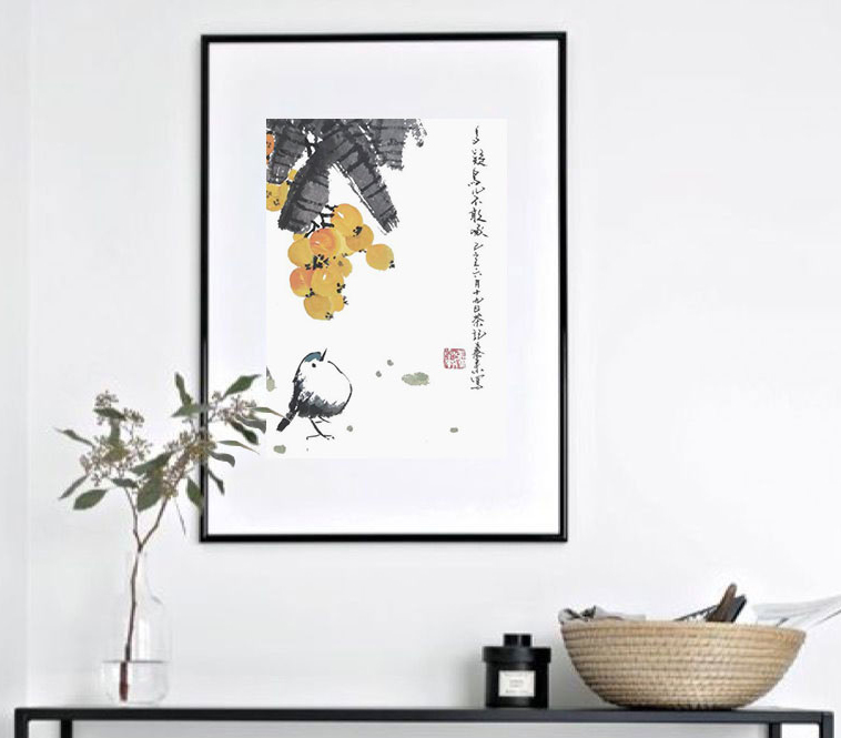 Vogel bird Obst fruit Tiermalerei Tuschmalerei Sumi-e Tuschzeichnung Tuschgemälde Tuschemalerei