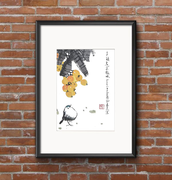 Vogel bird Obst fruit Tiermalerei Tuschmalerei Sumi-e Tuschzeichnung Tuschgemälde Tuschemalerei