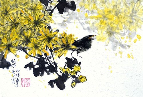Vogel bird 鸟 Chrysantheme chrysanthemum Tuschmalerei Sumi-e Tuschzeichnung Tuschgemälde Tuschemalerei