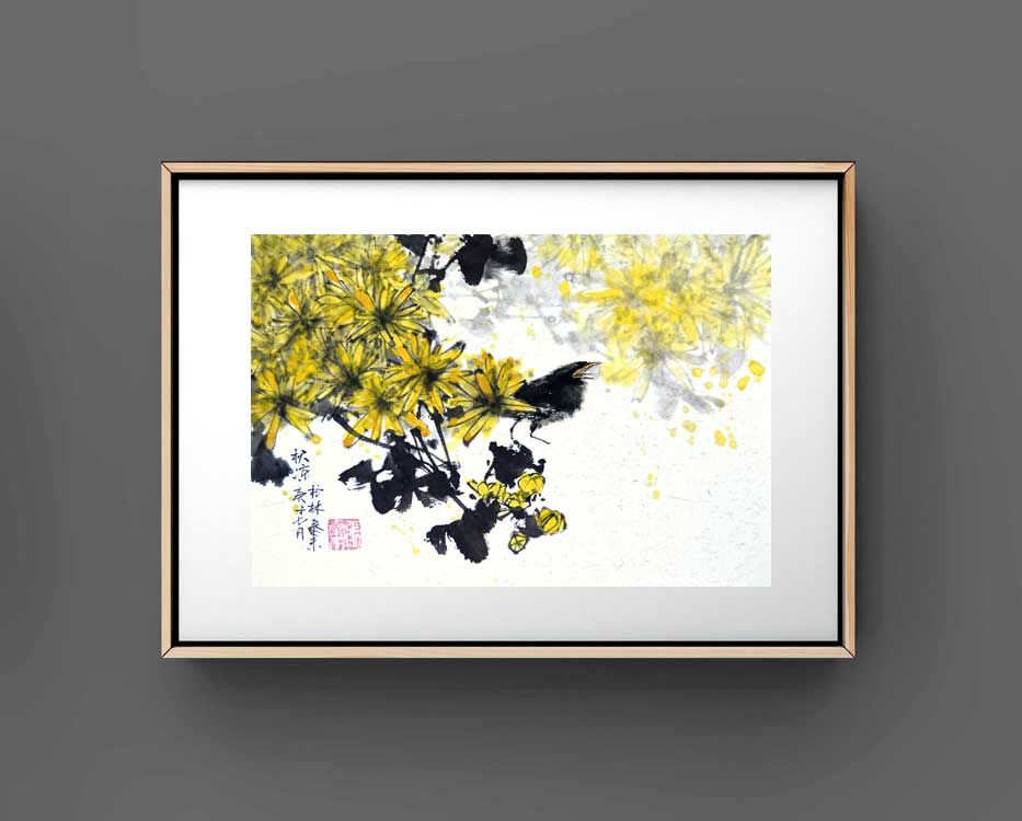 Vogel bird 鸟 Chrysantheme chrysanthemum Tuschmalerei Sumi-e Tuschzeichnung Tuschgemälde Tuschemalerei