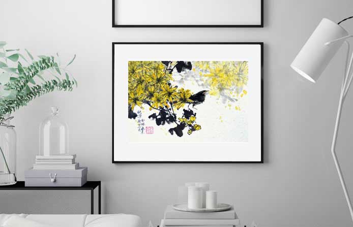 Vogel bird 鸟 Chrysantheme chrysanthemum Tuschmalerei Sumi-e Tuschzeichnung Tuschgemälde Tuschemalerei