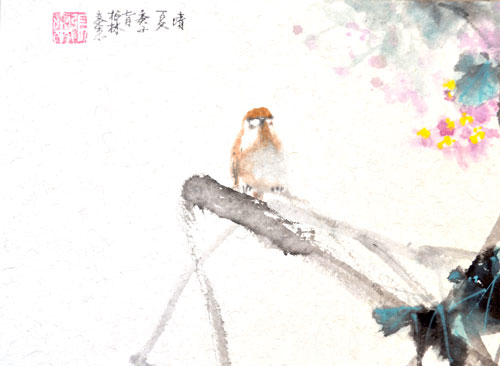 spatz sparrow Vogel bird 鸟 Tuschmalerei Sumi-e Tuschzeichnung Tuschgemälde Tuschemalerei