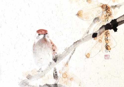 Spatz sparrow Vogel bird 鸟 Kunstdrucke Reproduktion Tuschmalerei Sumi-e Tuschzeichnung Tuschgemälde Tuschemalerei
