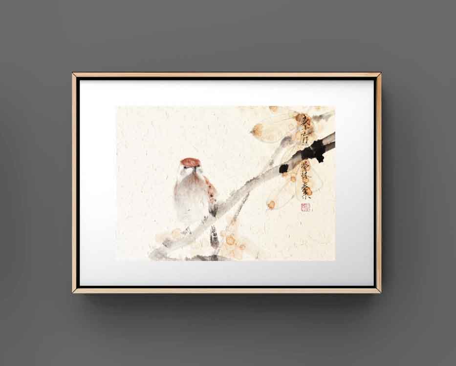 Spatz sparrow Vogel bird 鸟 Kunstdrucke Reproduktion Tuschmalerei Sumi-e Tuschzeichnung Tuschgemälde Tuschemalerei
