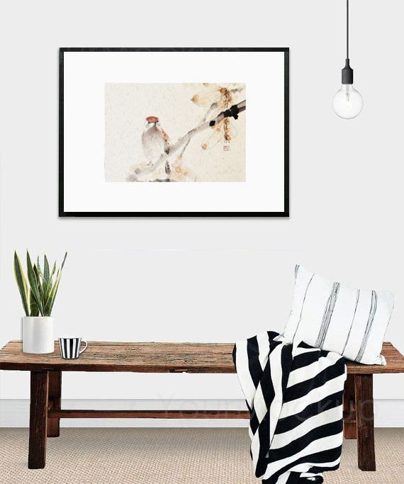 Spatz sparrow Vogel bird 鸟 Kunstdrucke Reproduktion Tuschmalerei Sumi-e Tuschzeichnung Tuschgemälde Tuschemalerei