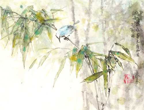 Bambus bamboo bird Vogel 竹子 鸟 Kunstdrucke Reproduktion Tuschmalerei Sumi-e Tuschzeichnung Tuschgemälde Tuschemalerei