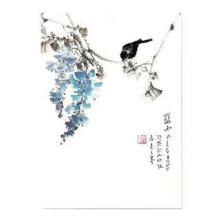 blauer Regen wisteria Glyzinie bird Vogel Tier animal Kunstpostkarte postcard der Tuschzeichnung Tuschmalerei Sumi-e Tuschgemälde